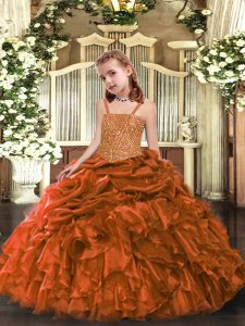 Amazing Beading and Ruffles Little Girl Pageant Gowns Orange Zipper Sleeveless Floor Length