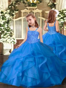 Attractive Ball Gowns Glitz Pageant Dress Blue Straps Organza Sleeveless Floor Length Lace Up
