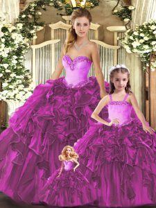 Fuchsia Lace Up Quinceanera Gowns Ruffles Sleeveless Floor Length