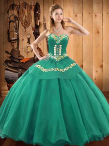 Modest Turquoise Satin and Tulle Lace Up Sweetheart Sleeveless Floor Length Ball Gown Prom Dress Embroidery