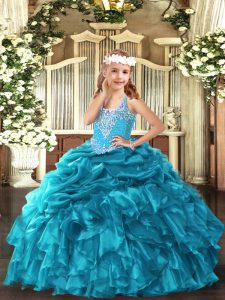 Teal Sleeveless Organza Lace Up Child Pageant Dress for Party and Quinceanera