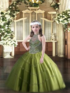 High Quality Halter Top Sleeveless Lace Up Child Pageant Dress Olive Green Tulle