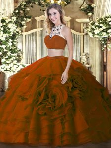 Spectacular Brown Tulle Backless High-neck Sleeveless Floor Length Sweet 16 Dresses Beading and Ruffled Layers