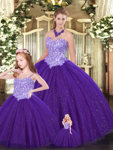 Fashionable Sweetheart Sleeveless Sweet 16 Quinceanera Dress Floor Length Beading Purple Tulle