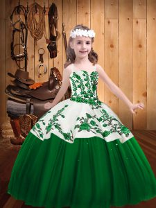 Dark Green Lace Up Straps Embroidery Pageant Dress for Teens Tulle Sleeveless