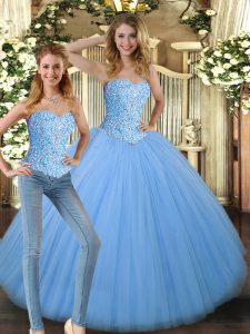 Captivating Floor Length Baby Blue Ball Gown Prom Dress Tulle Sleeveless Beading