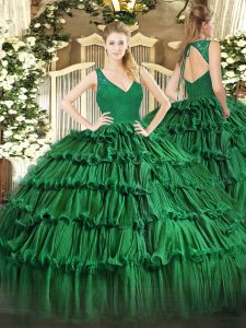Simple Floor Length Dark Green Sweet 16 Quinceanera Dress V-neck Sleeveless Backless