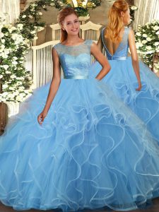Sleeveless Tulle Floor Length Backless 15 Quinceanera Dress in Baby Blue with Lace and Ruffles