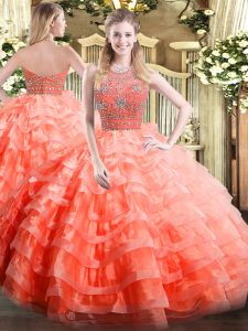 Traditional Orange Red Sleeveless Floor Length Beading and Ruffled Layers Zipper Quince Ball Gowns