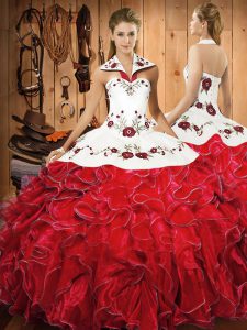 Stunning Wine Red Lace Up Halter Top Embroidery and Ruffles Quinceanera Dress Satin and Organza Sleeveless