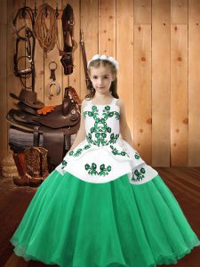 Eye-catching Turquoise Ball Gowns Straps Sleeveless Organza Floor Length Lace Up Embroidery Kids Pageant Dress