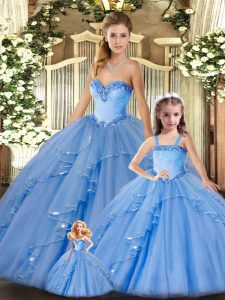 On Sale Baby Blue Sweetheart Lace Up Beading and Ruffles Quince Ball Gowns Sleeveless