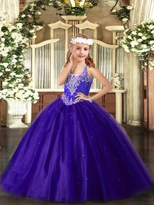 Purple Ball Gowns Beading Child Pageant Dress Lace Up Tulle Sleeveless Floor Length