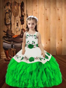 Organza Straps Sleeveless Lace Up Embroidery and Ruffles Little Girl Pageant Gowns in Green