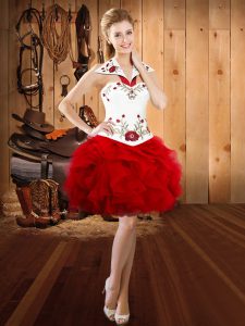 Custom Designed Embroidery and Ruffles Prom Gown Red Lace Up Sleeveless Mini Length