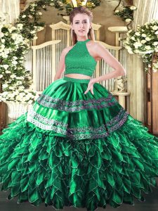 Halter Top Sleeveless Satin and Organza 15 Quinceanera Dress Beading and Embroidery and Ruffles Backless