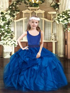 Beading and Ruffles Pageant Gowns For Girls Blue Zipper Sleeveless Floor Length