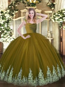 Eye-catching Olive Green Zipper Quince Ball Gowns Beading and Appliques Sleeveless Floor Length