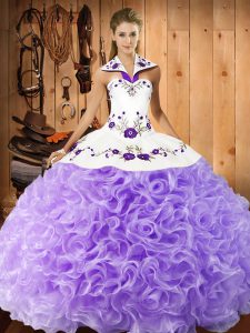 Sleeveless Fabric With Rolling Flowers Floor Length Lace Up Quince Ball Gowns in Lavender with Embroidery