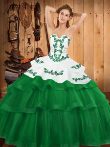Sweep Train Ball Gowns Sweet 16 Quinceanera Dress Green Strapless Tulle Sleeveless Lace Up
