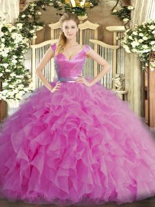 Admirable Ball Gowns 15 Quinceanera Dress Lilac V-neck Organza Sleeveless Floor Length Zipper