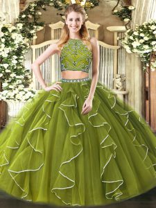 Deluxe Floor Length Olive Green 15 Quinceanera Dress High-neck Sleeveless Zipper