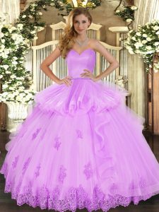 Inexpensive Lilac Ball Gowns Tulle Sweetheart Sleeveless Beading and Appliques and Ruffles Floor Length Lace Up Quincean