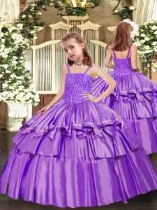 Trendy Lavender Ball Gowns Straps Sleeveless Taffeta Floor Length Lace Up Beading and Ruffled Layers Little Girl Pageant