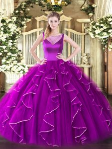 Perfect Fuchsia Scoop Neckline Beading and Ruffles Quinceanera Gown Sleeveless Side Zipper