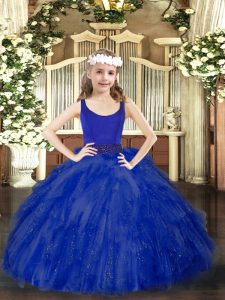 Dazzling Floor Length Zipper Evening Gowns Royal Blue for Party and Quinceanera with Beading and Ruffles