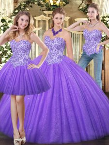 Eye-catching Sleeveless Tulle Floor Length Zipper Ball Gown Prom Dress in Eggplant Purple with Appliques