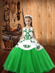 Wonderful Sleeveless Floor Length Embroidery Lace Up Kids Pageant Dress with Green