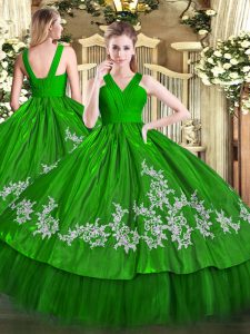 Smart Green Ball Gowns Satin and Tulle V-neck Sleeveless Embroidery Floor Length Zipper Quinceanera Dresses