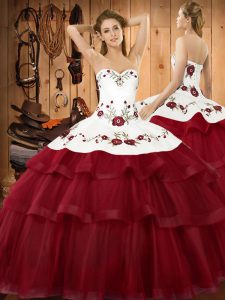 Wine Red Lace Up Sweetheart Embroidery and Ruffled Layers Quince Ball Gowns Organza Sleeveless Sweep Train