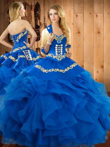 Comfortable Sleeveless Satin and Organza Floor Length Lace Up Quinceanera Dresses in Blue with Embroidery and Ruffles