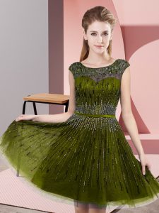 Olive Green Tulle Backless Scoop Sleeveless Knee Length Prom Party Dress Beading