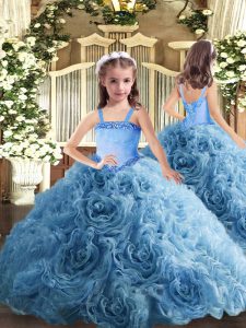 Baby Blue Sleeveless Appliques Floor Length Kids Pageant Dress