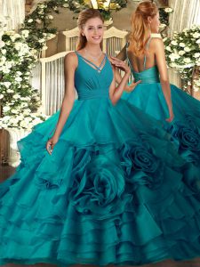 Smart Teal Fabric With Rolling Flowers Backless 15th Birthday Dress Sleeveless Floor Length Ruffles