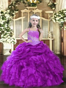 Straps Sleeveless Pageant Dress Floor Length Beading and Ruffles Purple Organza