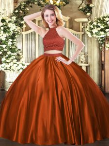 Rust Red Sleeveless Beading Floor Length Quinceanera Dresses