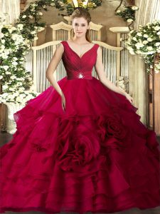 Romantic Ball Gowns Vestidos de Quinceanera Red V-neck Organza Sleeveless Floor Length Backless