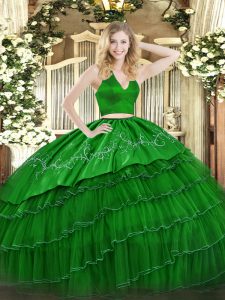 High Class Floor Length Green Quinceanera Dress Tulle Sleeveless Embroidery