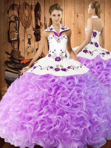 Floor Length Lilac Sweet 16 Dress Halter Top Sleeveless Lace Up