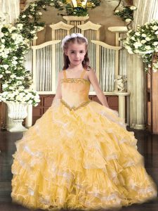 Cheap Gold Sleeveless Appliques and Ruffled Layers Floor Length Little Girls Pageant Dress Wholesale