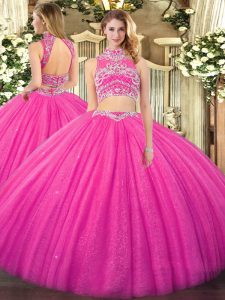 Perfect Hot Pink Tulle Backless High-neck Sleeveless Floor Length Sweet 16 Dresses Beading