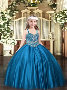 Elegant Floor Length Lace Up Custom Made Pageant Dress Blue for Party and Quinceanera with Beading