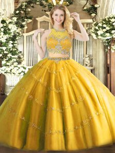 Two Pieces Quince Ball Gowns Gold Scoop Tulle Sleeveless Floor Length Zipper