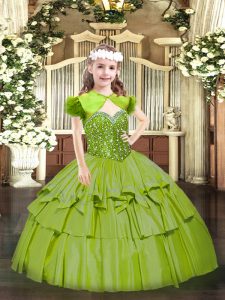 Floor Length Olive Green Little Girls Pageant Dress Organza Sleeveless Beading and Ruffled Layers