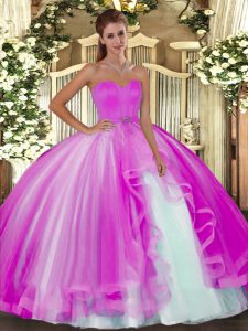 Inexpensive Floor Length Lace Up 15 Quinceanera Dress Fuchsia for Military Ball and Sweet 16 and Quinceanera with Beadin