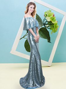 Elegant Light Blue Half Sleeves Sequins Floor Length Prom Evening Gown